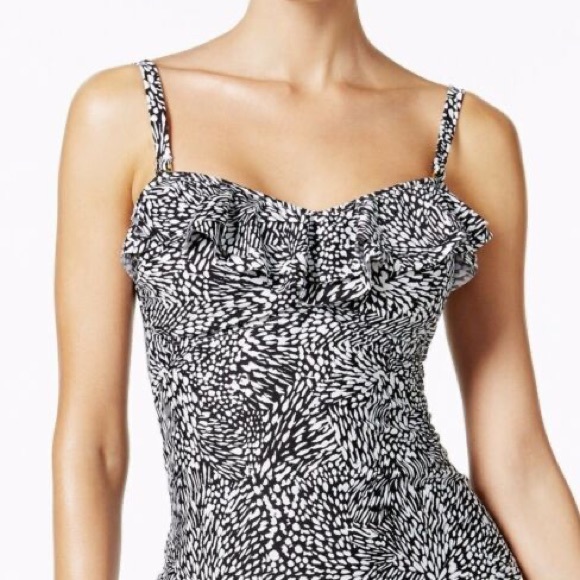 SOLD! Island Escape Swimwear Black & White Animal Print Ruffle Tankini Top - Picture 2 of 15